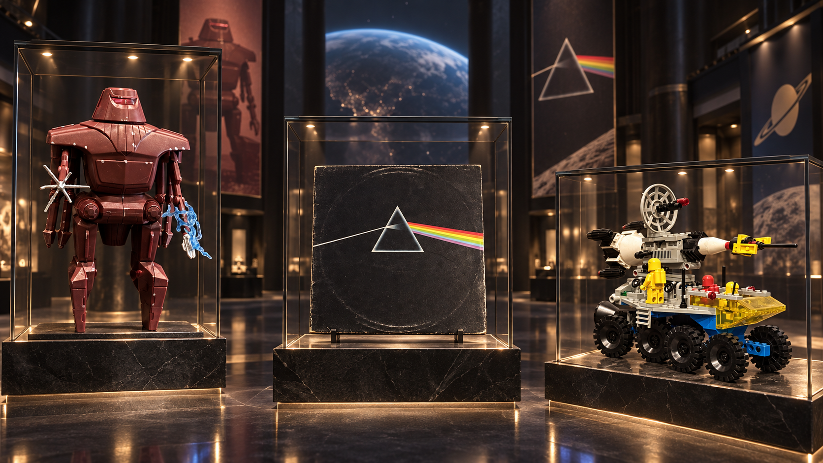 A curated display of toys, music and space memorabilia